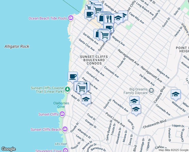 map of restaurants, bars, coffee shops, grocery stores, and more near 4666 Orchard Avenue in San Diego