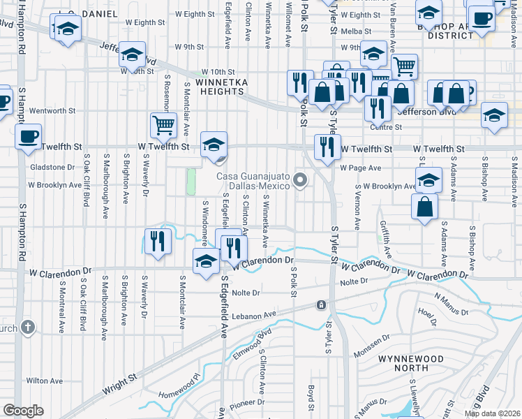 map of restaurants, bars, coffee shops, grocery stores, and more near 822 South Winnetka Avenue in Dallas
