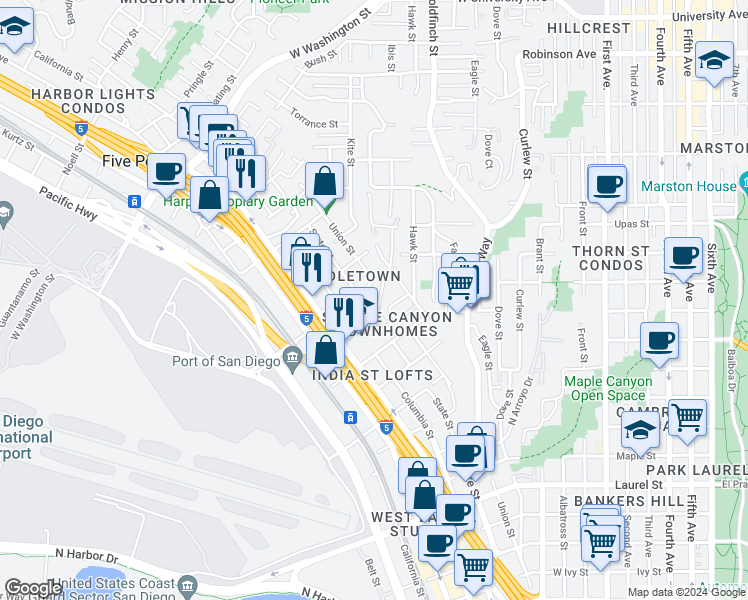 map of restaurants, bars, coffee shops, grocery stores, and more near 3230 Ibis Street in San Diego