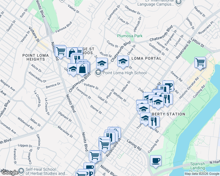 map of restaurants, bars, coffee shops, grocery stores, and more near 3422 Voltaire Street in San Diego