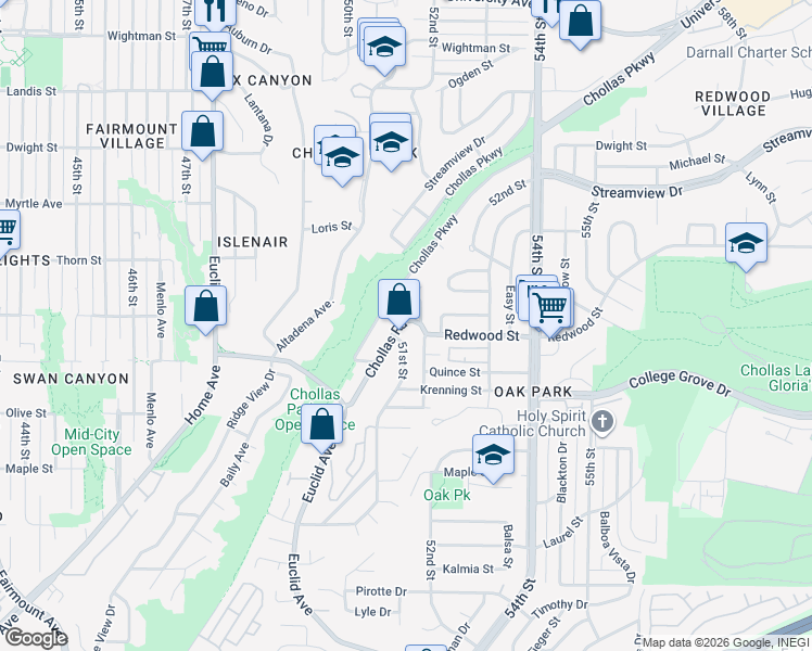 map of restaurants, bars, coffee shops, grocery stores, and more near 3145 Chollas Road in San Diego