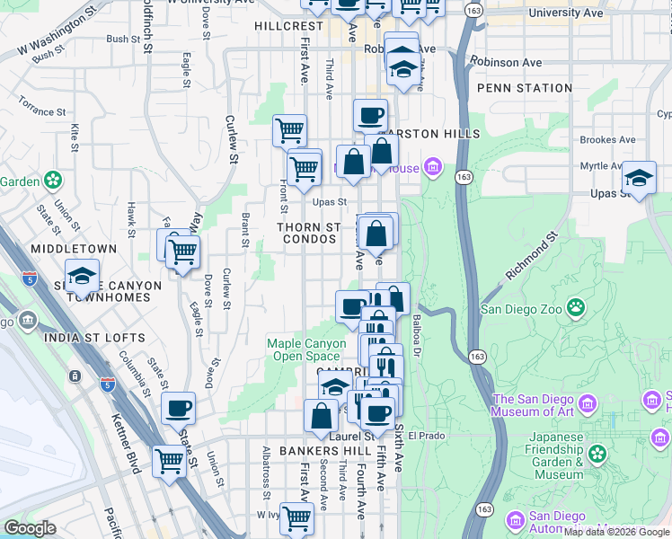 map of restaurants, bars, coffee shops, grocery stores, and more near 3065 Third Avenue in San Diego