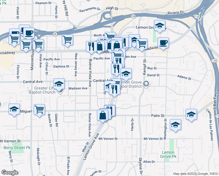 map of restaurants, bars, coffee shops, grocery stores, and more near 2940 Main Street in Lemon Grove