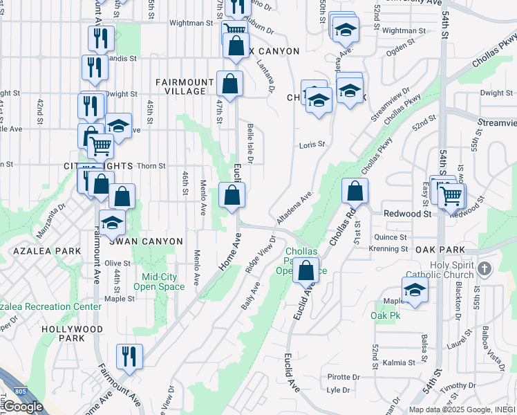 map of restaurants, bars, coffee shops, grocery stores, and more near 2975 Euclid Avenue in San Diego