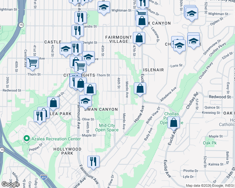 map of restaurants, bars, coffee shops, grocery stores, and more near 3028-30 46th Street in San Diego