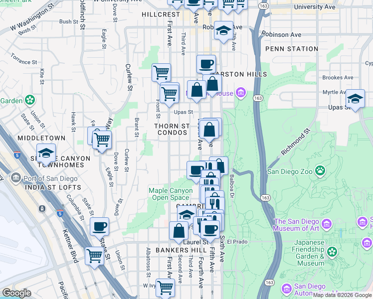 map of restaurants, bars, coffee shops, grocery stores, and more near 3065 Third Avenue in San Diego