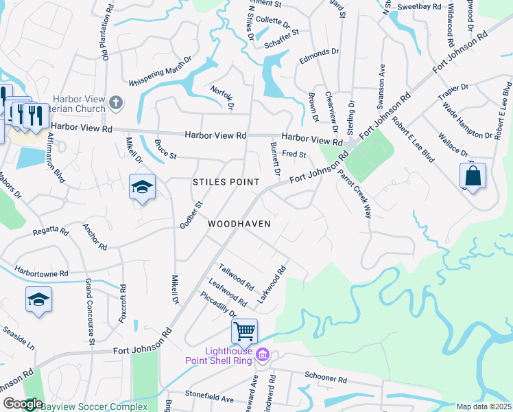 map of restaurants, bars, coffee shops, grocery stores, and more near 709 Fort Johnson Road in Charleston