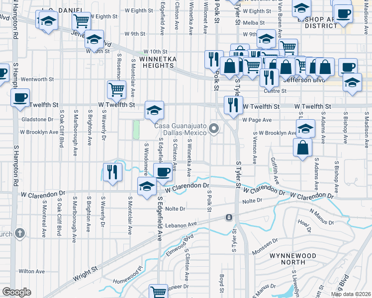 map of restaurants, bars, coffee shops, grocery stores, and more near 822 South Winnetka Avenue in Dallas