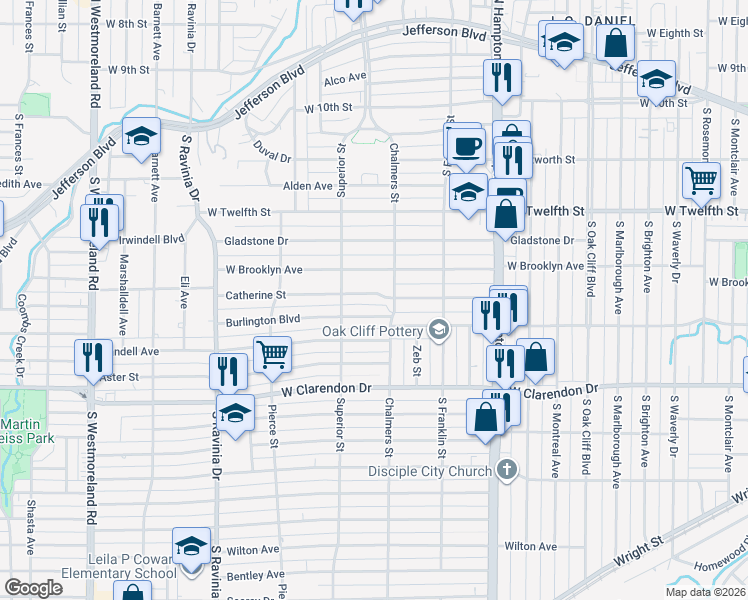 map of restaurants, bars, coffee shops, grocery stores, and more near 2631 Burlington Boulevard in Dallas