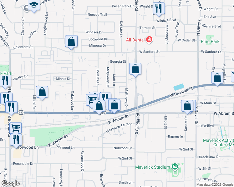 map of restaurants, bars, coffee shops, grocery stores, and more near 1717 Justin Lyn Street in Arlington
