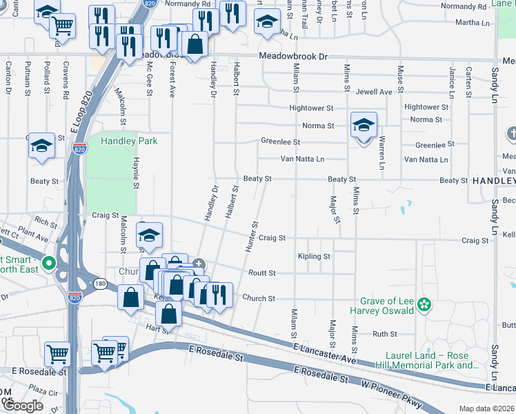 map of restaurants, bars, coffee shops, grocery stores, and more near 2865 Hunter Street in Fort Worth