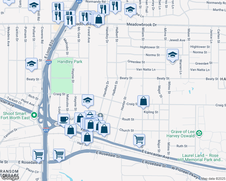 map of restaurants, bars, coffee shops, grocery stores, and more near 2845 Halbert Street in Fort Worth