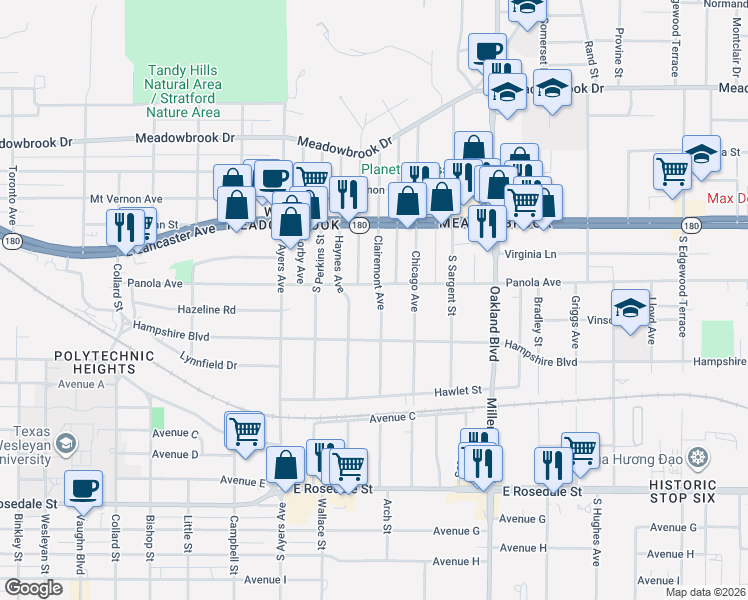 map of restaurants, bars, coffee shops, grocery stores, and more near 705 Haynes Avenue in Fort Worth