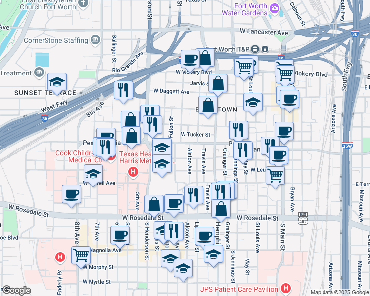 map of restaurants, bars, coffee shops, grocery stores, and more near 615 College Avenue in Fort Worth