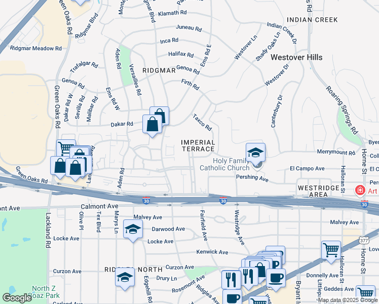 map of restaurants, bars, coffee shops, grocery stores, and more near 6335 Plaza Parkway in Fort Worth