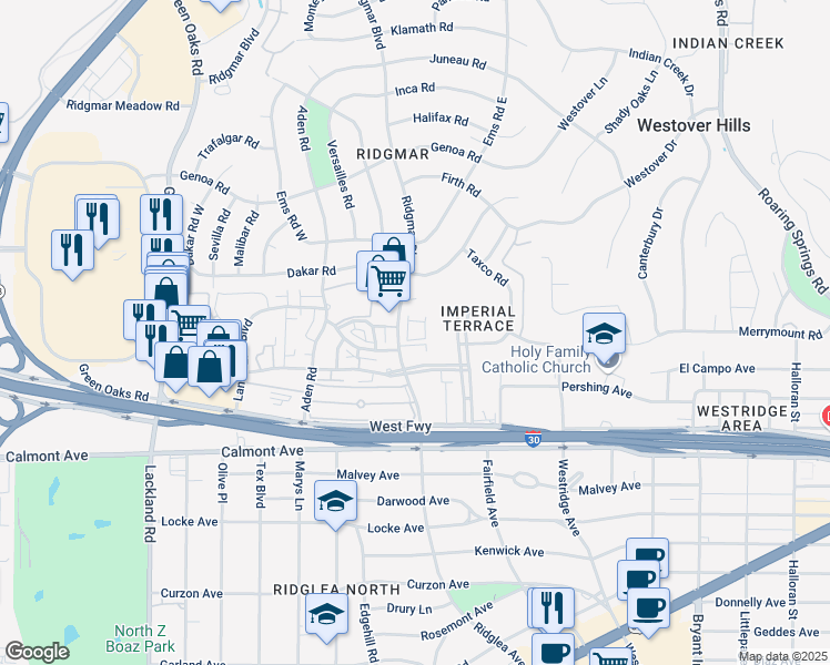 map of restaurants, bars, coffee shops, grocery stores, and more near 2204 Ridgmar Boulevard in Fort Worth