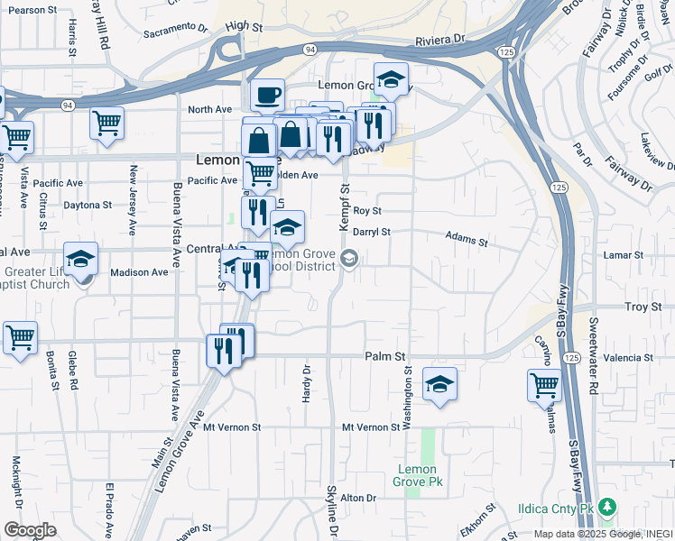 map of restaurants, bars, coffee shops, grocery stores, and more near 2874 Skyline Drive in Lemon Grove