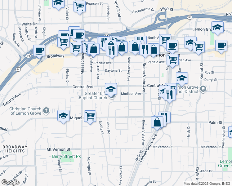 map of restaurants, bars, coffee shops, grocery stores, and more near in Lemon Grove