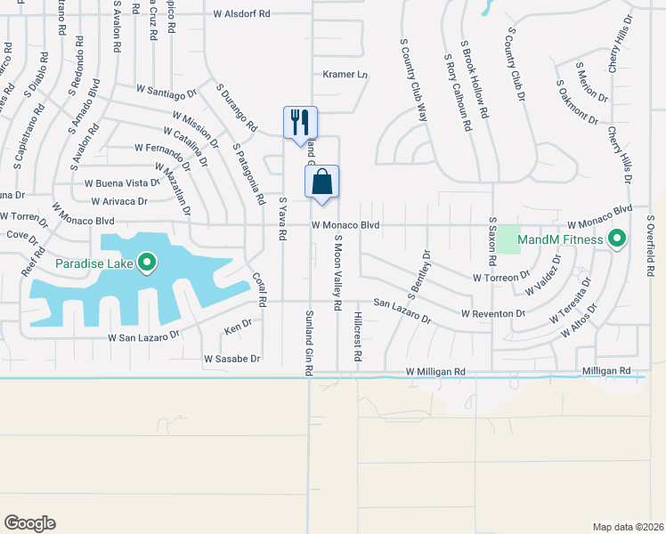 map of restaurants, bars, coffee shops, grocery stores, and more near 15676 South Moon Valley Road in Arizona City