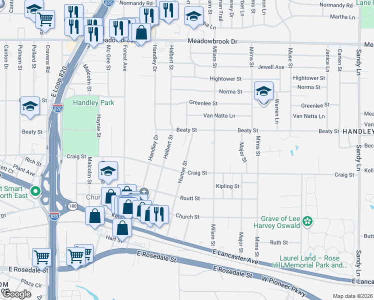 map of restaurants, bars, coffee shops, grocery stores, and more near 2865 Hunter Street in Fort Worth