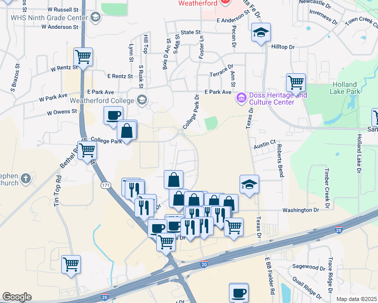map of restaurants, bars, coffee shops, grocery stores, and more near 1712 Martin Drive in Weatherford