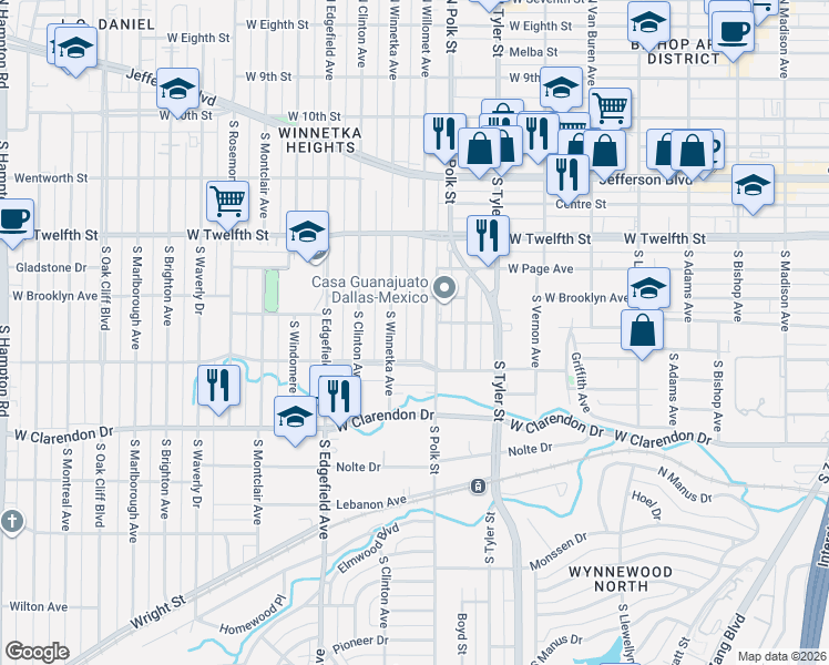 map of restaurants, bars, coffee shops, grocery stores, and more near 822 South Winnetka Avenue in Dallas