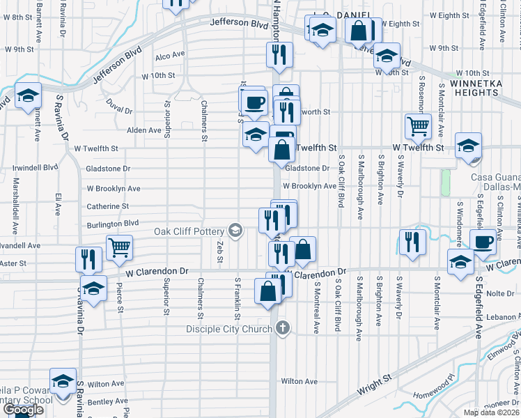 map of restaurants, bars, coffee shops, grocery stores, and more near 2421 Burlington Boulevard in Dallas