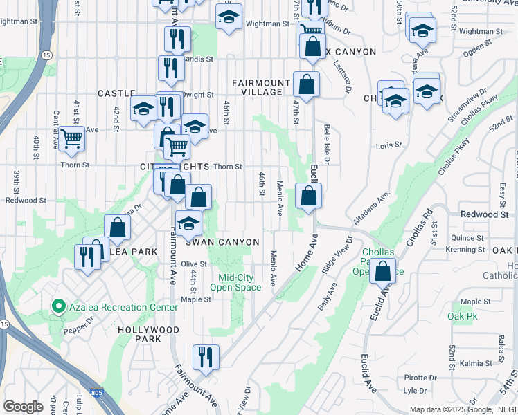 map of restaurants, bars, coffee shops, grocery stores, and more near 3028-30 46th Street in San Diego