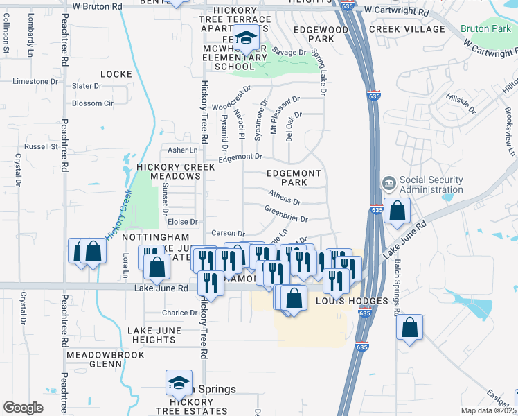 map of restaurants, bars, coffee shops, grocery stores, and more near 1500 Greenbrier Drive in Mesquite