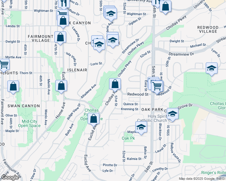 map of restaurants, bars, coffee shops, grocery stores, and more near 3114 Chollas Road in San Diego