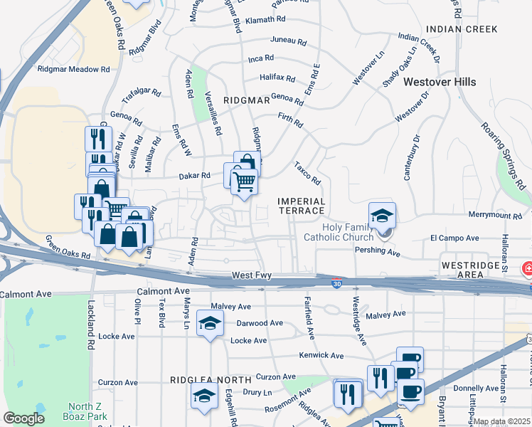 map of restaurants, bars, coffee shops, grocery stores, and more near 2324 Ridgmar Plaza in Fort Worth