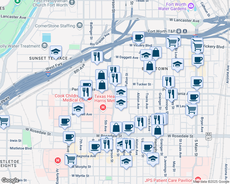 map of restaurants, bars, coffee shops, grocery stores, and more near 1100 West Cannon Street in Fort Worth