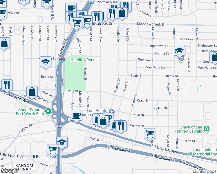map of restaurants, bars, coffee shops, grocery stores, and more near 6524 Craig Street in Fort Worth