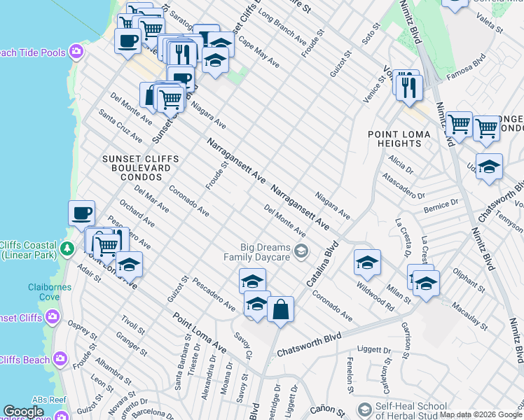 map of restaurants, bars, coffee shops, grocery stores, and more near 4393 Del Monte Avenue in San Diego