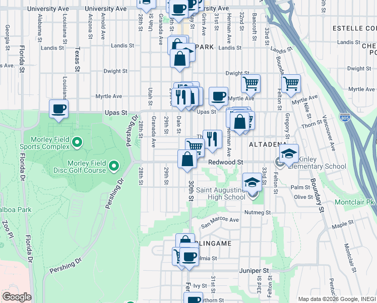 map of restaurants, bars, coffee shops, grocery stores, and more near 3130-32 30th Street in San Diego