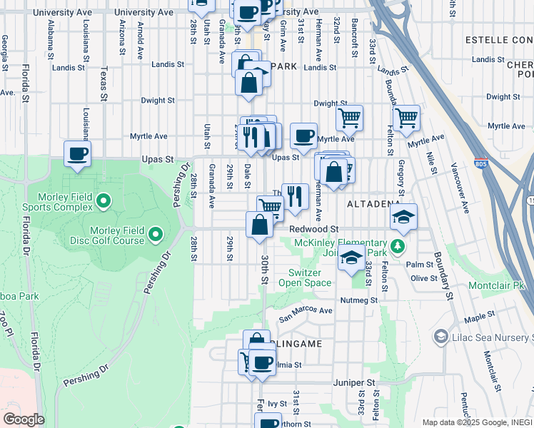 map of restaurants, bars, coffee shops, grocery stores, and more near 3135 30th Street in San Diego