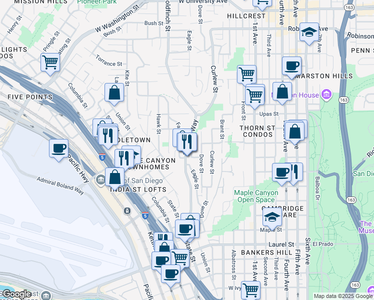 map of restaurants, bars, coffee shops, grocery stores, and more near 3139 Reynard Way in San Diego