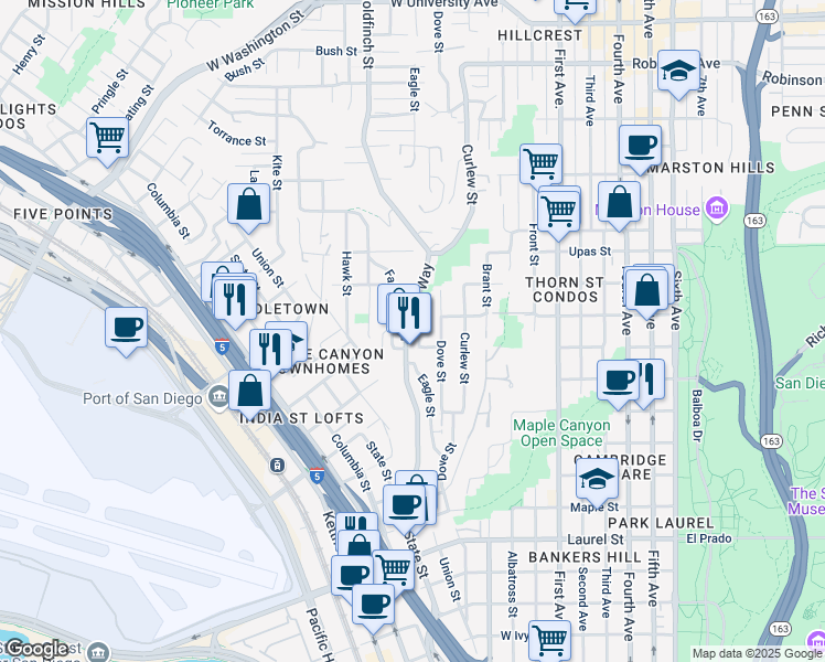 map of restaurants, bars, coffee shops, grocery stores, and more near 3067 Reynard Way in San Diego