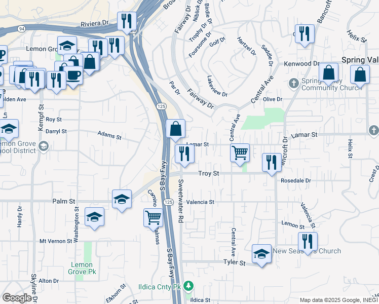 map of restaurants, bars, coffee shops, grocery stores, and more near 8638 Troy Street in Spring Valley