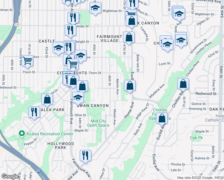map of restaurants, bars, coffee shops, grocery stores, and more near 3030 Menlo Avenue in San Diego