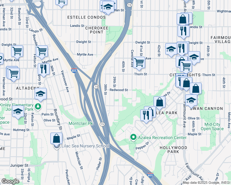 map of restaurants, bars, coffee shops, grocery stores, and more near 3048 39th Street in San Diego