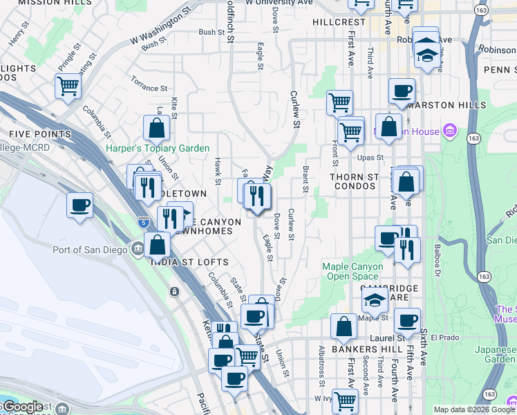 map of restaurants, bars, coffee shops, grocery stores, and more near 3067 Reynard Way in San Diego