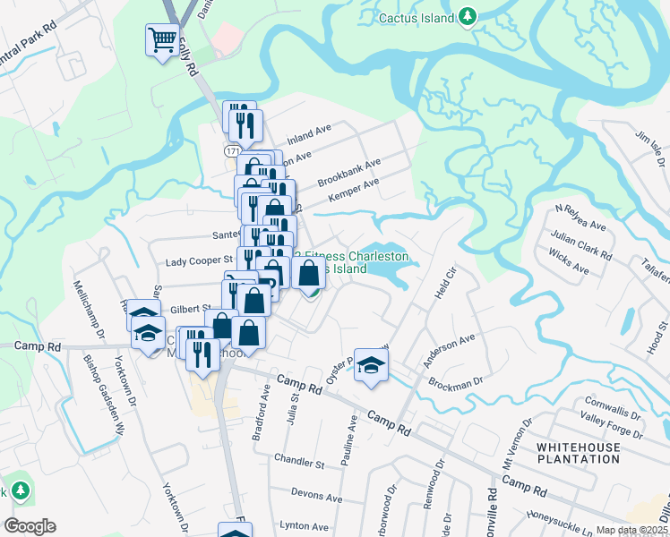 map of restaurants, bars, coffee shops, grocery stores, and more near 2 Commercial Row in Charleston