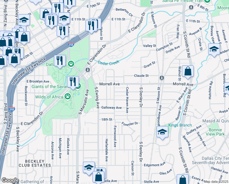 map of restaurants, bars, coffee shops, grocery stores, and more near 1019 Strickland Street in Dallas