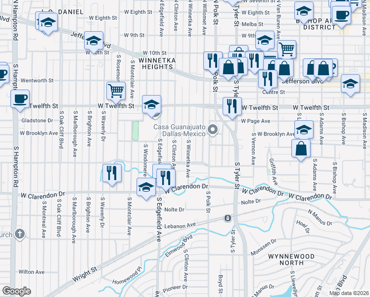 map of restaurants, bars, coffee shops, grocery stores, and more near 822 South Winnetka Avenue in Dallas