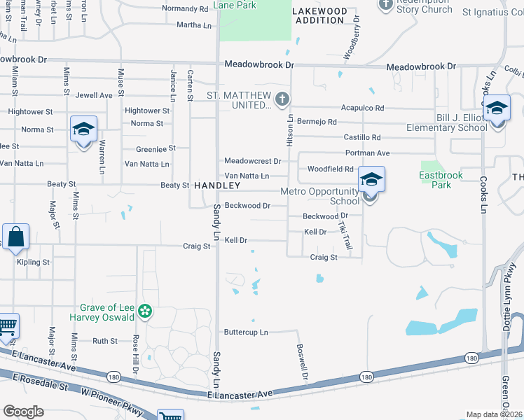 map of restaurants, bars, coffee shops, grocery stores, and more near 7432 Sandywoods Court in Fort Worth