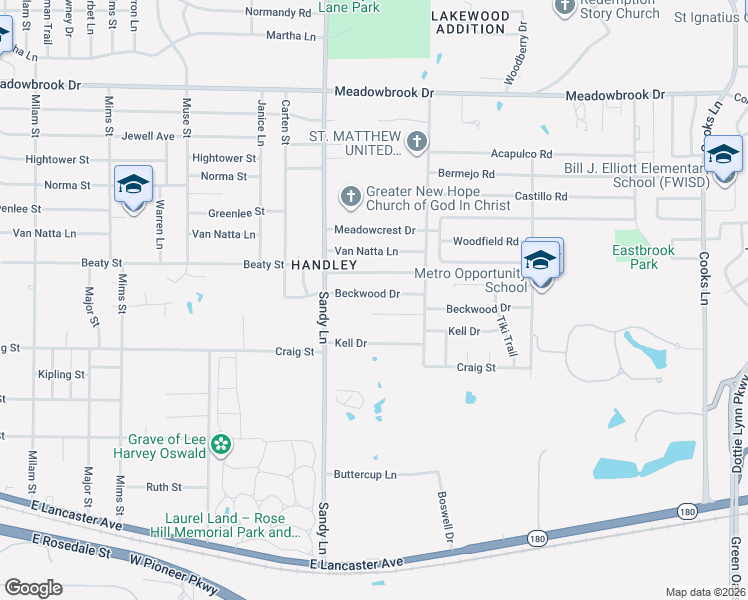 map of restaurants, bars, coffee shops, grocery stores, and more near 7404 Sandywoods Court in Fort Worth