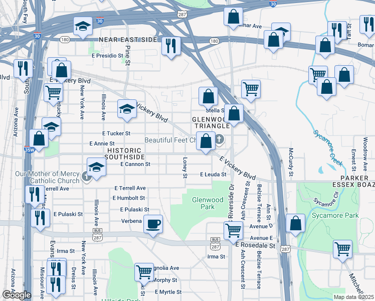 map of restaurants, bars, coffee shops, grocery stores, and more near 1611 East Cannon Street in Fort Worth