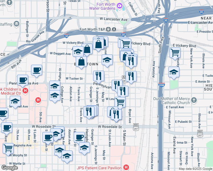 map of restaurants, bars, coffee shops, grocery stores, and more near 312 West Cannon Street in Fort Worth