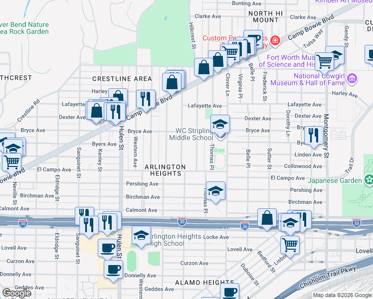 map of restaurants, bars, coffee shops, grocery stores, and more near 2300 Hillcrest Street in Fort Worth